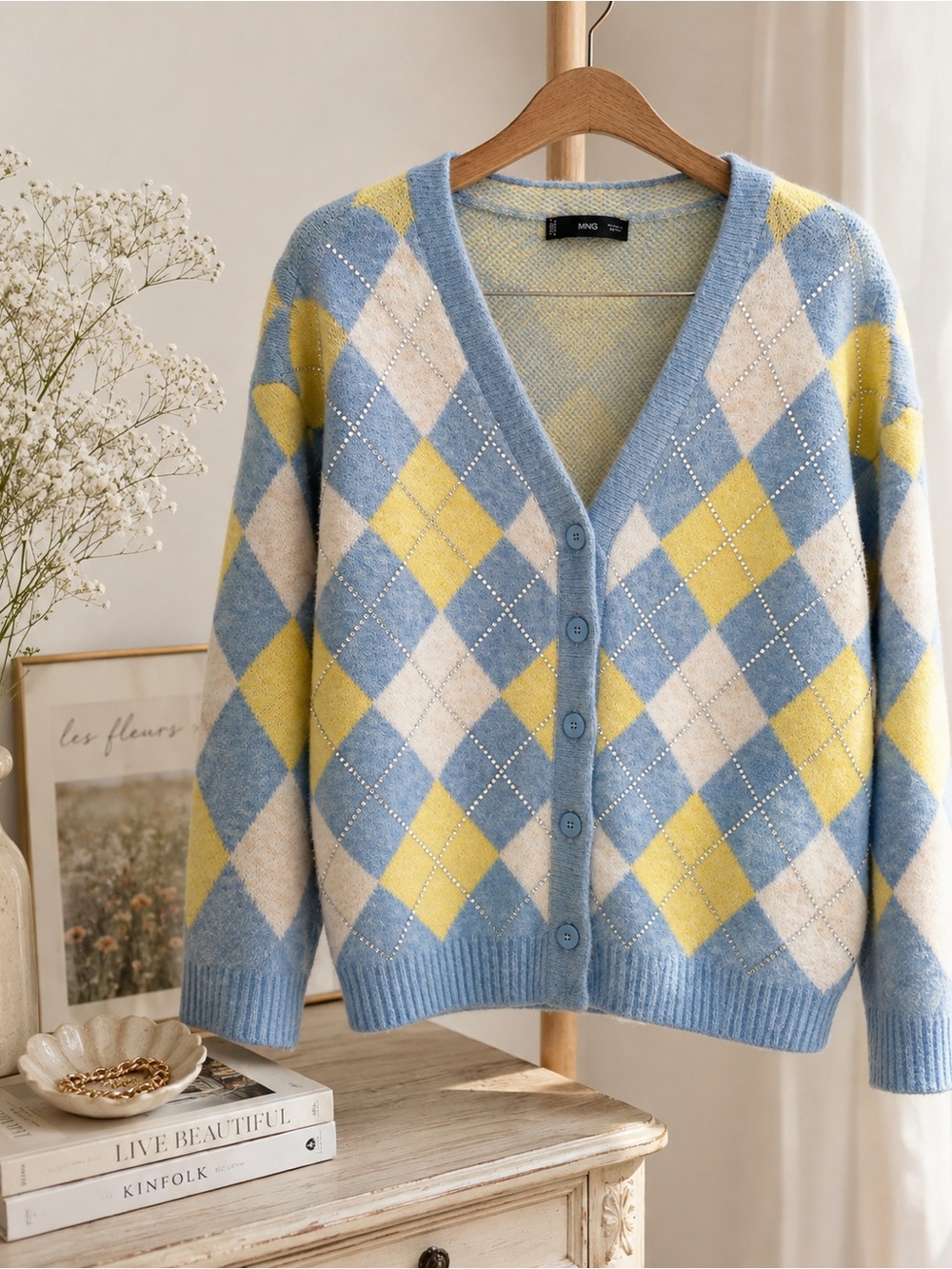 MNG Mango Argyle Rhinestone Cardigan Blue Yellow Size L